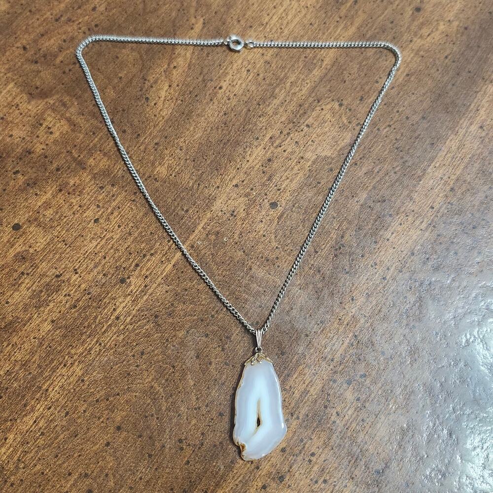 Natural White Agate Geode Slice Druzy Quartz Pendant Sterling Bail 18in Chain